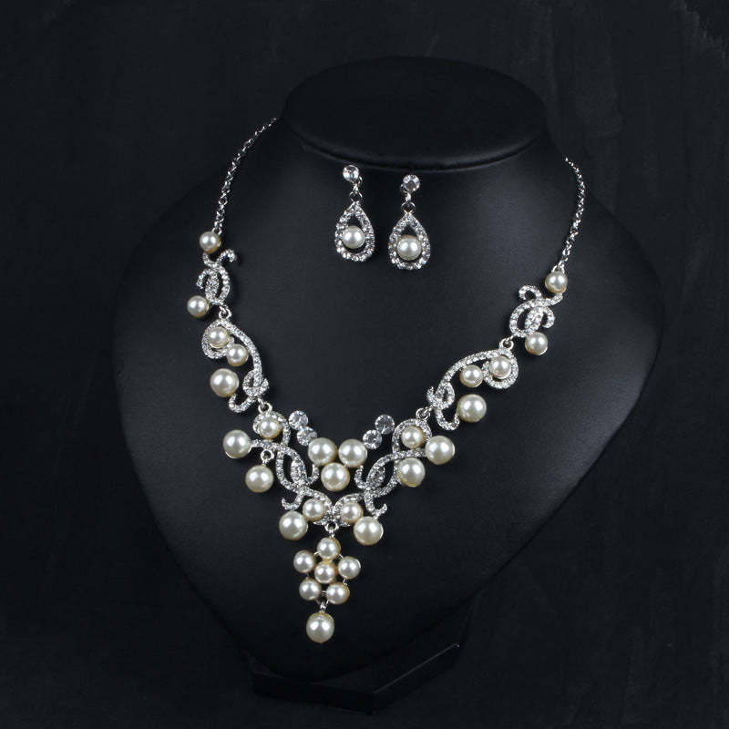 White Vintage Retro Pendant Akoya Pearls and Diamonds Luxury 18k White Gold Plated Necklace Earrings Jewelry Set | Mix Mix Style-Mix MIx Style