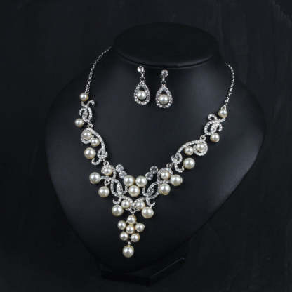 White Vintage Retro Pendant Akoya Pearls and Diamonds Luxury 18k White Gold Plated Necklace Earrings Jewelry Set | Mix Mix Style-Mix MIx Style