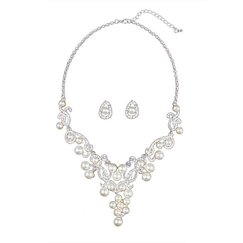 White Vintage Retro Pendant Akoya Pearls and Diamonds Luxury 18k White Gold Plated Necklace Earrings Jewelry Set | Mix Mix Style-Mix MIx Style