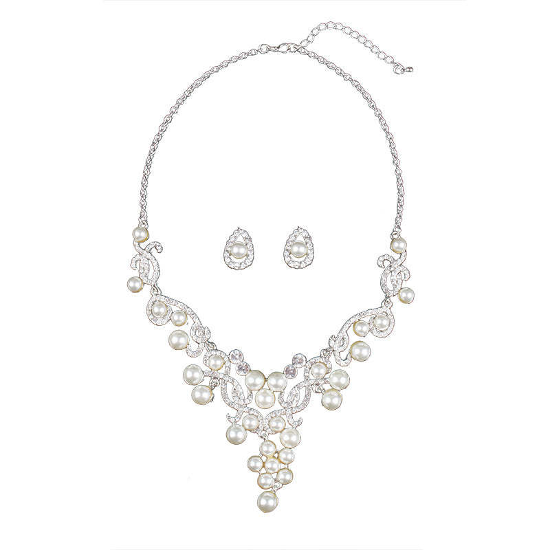 White Vintage Retro Pendant Akoya Pearls and Diamonds Luxury 18k White Gold Plated Necklace Earrings Jewelry Set | Mix Mix Style-Mix MIx Style