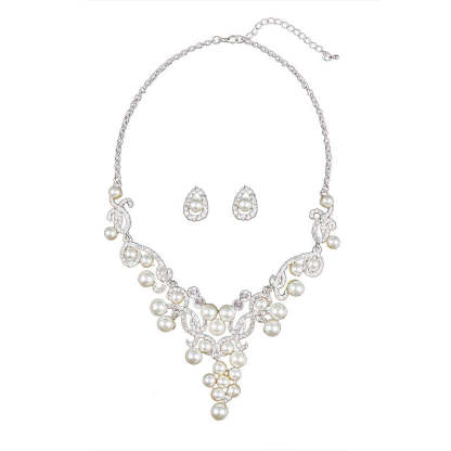White Vintage Retro Pendant Akoya Pearls and Diamonds Luxury 18k White Gold Plated Necklace Earrings Jewelry Set | Mix Mix Style-Mix MIx Style
