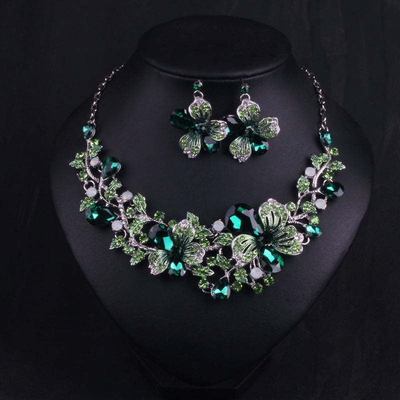 Flower Purple & Green Vintage Retro Pendant Diamonds Luxury 18k Gold Plated Necklace & Earrings Jewelry Set | Mix Mix Style-Mix MIx Style