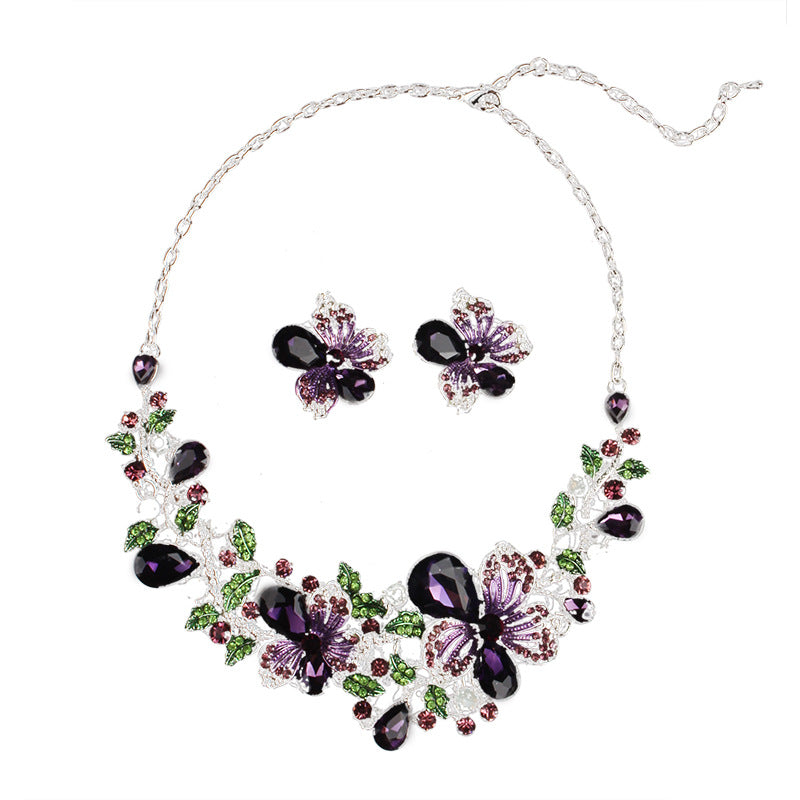 Flower Purple & Green Vintage Retro Pendant Diamonds Luxury 18k Gold Plated Necklace & Earrings Jewelry Set | Mix Mix Style-Mix MIx Style