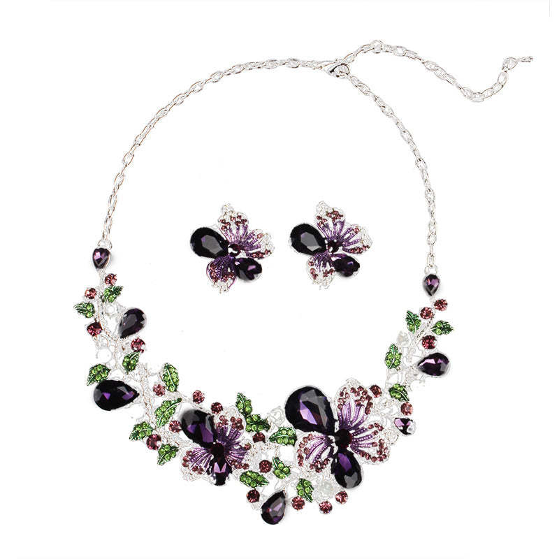Flower Purple & Green Vintage Retro Pendant Diamonds Luxury 18k Gold Plated Necklace & Earrings Jewelry Set | Mix Mix Style-Mix MIx Style