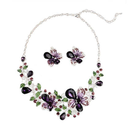 Flower Purple & Green Vintage Retro Pendant Diamonds Luxury 18k Gold Plated Necklace & Earrings Jewelry Set | Mix Mix Style-Mix MIx Style