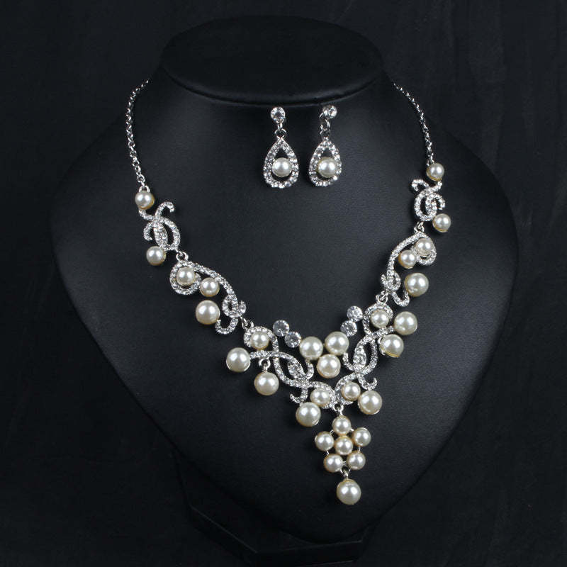 White Vintage Retro Pendant Akoya Pearls and Diamonds Luxury 18k White Gold Plated Necklace Earrings Jewelry Set | Mix Mix Style-Mix MIx Style