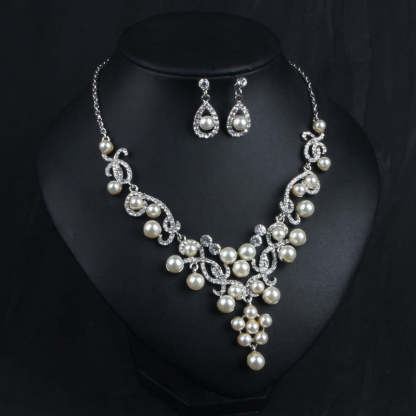 White Vintage Retro Pendant Akoya Pearls and Diamonds Luxury 18k White Gold Plated Necklace Earrings Jewelry Set | Mix Mix Style-Mix MIx Style