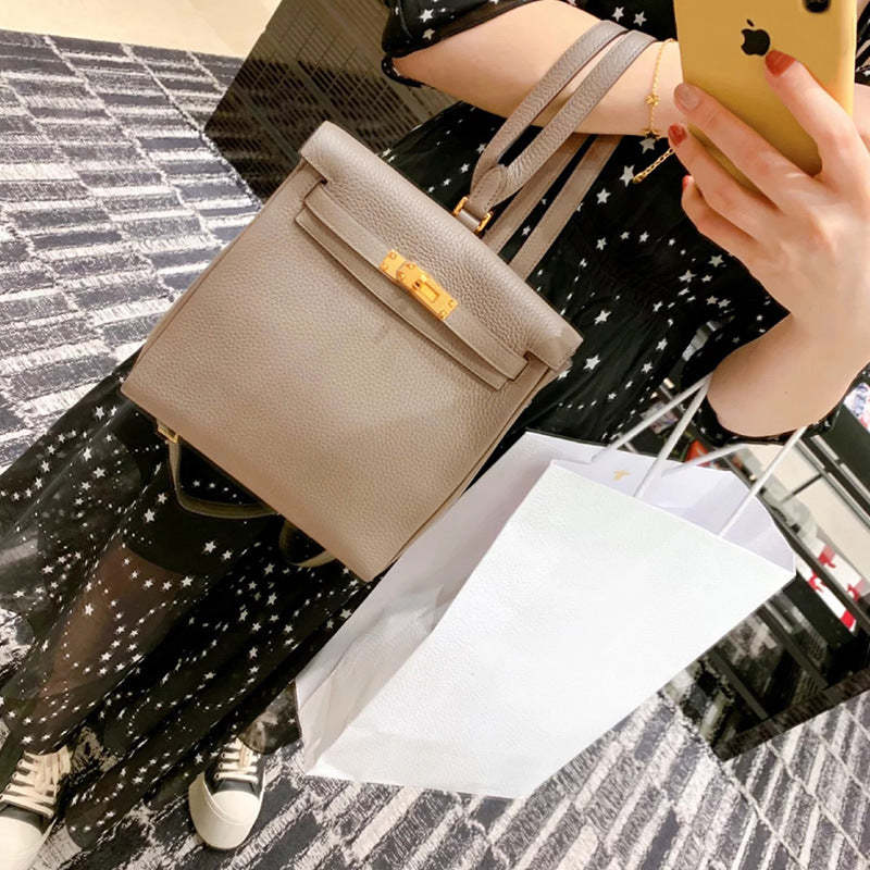 2023 new top layer cowhide women's bag litchi pattern Kelly backpack ins same style fashion schoolbag genuine leather backpack-Mix MIx Style