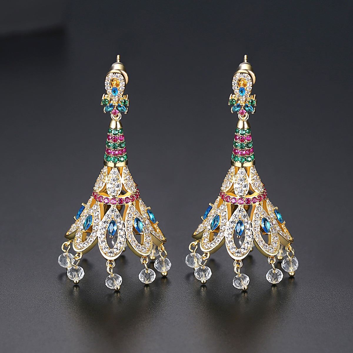 Peacock Feather Multicolor Moissanite Diamonds Luxury 18k Vermeil Gold Plated Vintage Retro Drop Earrings | Mix Mix Style-Mix MIx Style