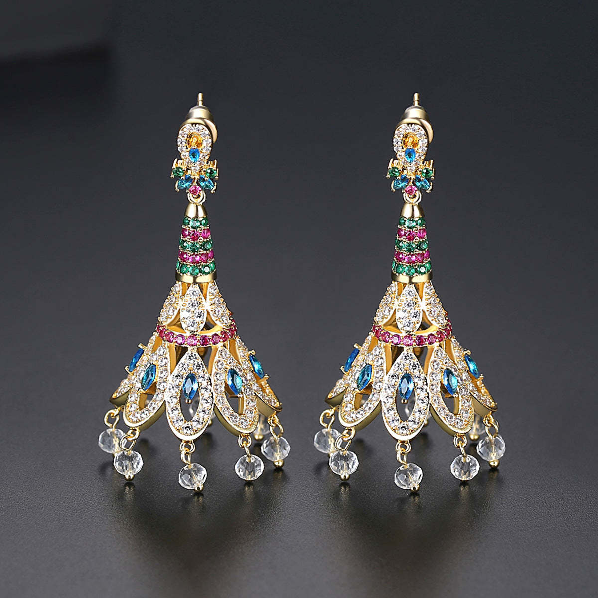 Peacock Feather Multicolor Moissanite Diamonds Luxury 18k Vermeil Gold Plated Vintage Retro Drop Earrings | Mix Mix Style-Mix MIx Style