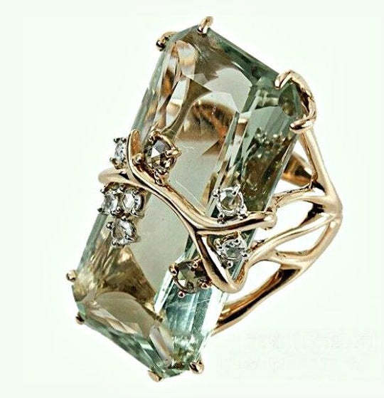 Branch Tree Dainty Blue Radiant Cut Moissanite Diamond 18k Vermeil Gol