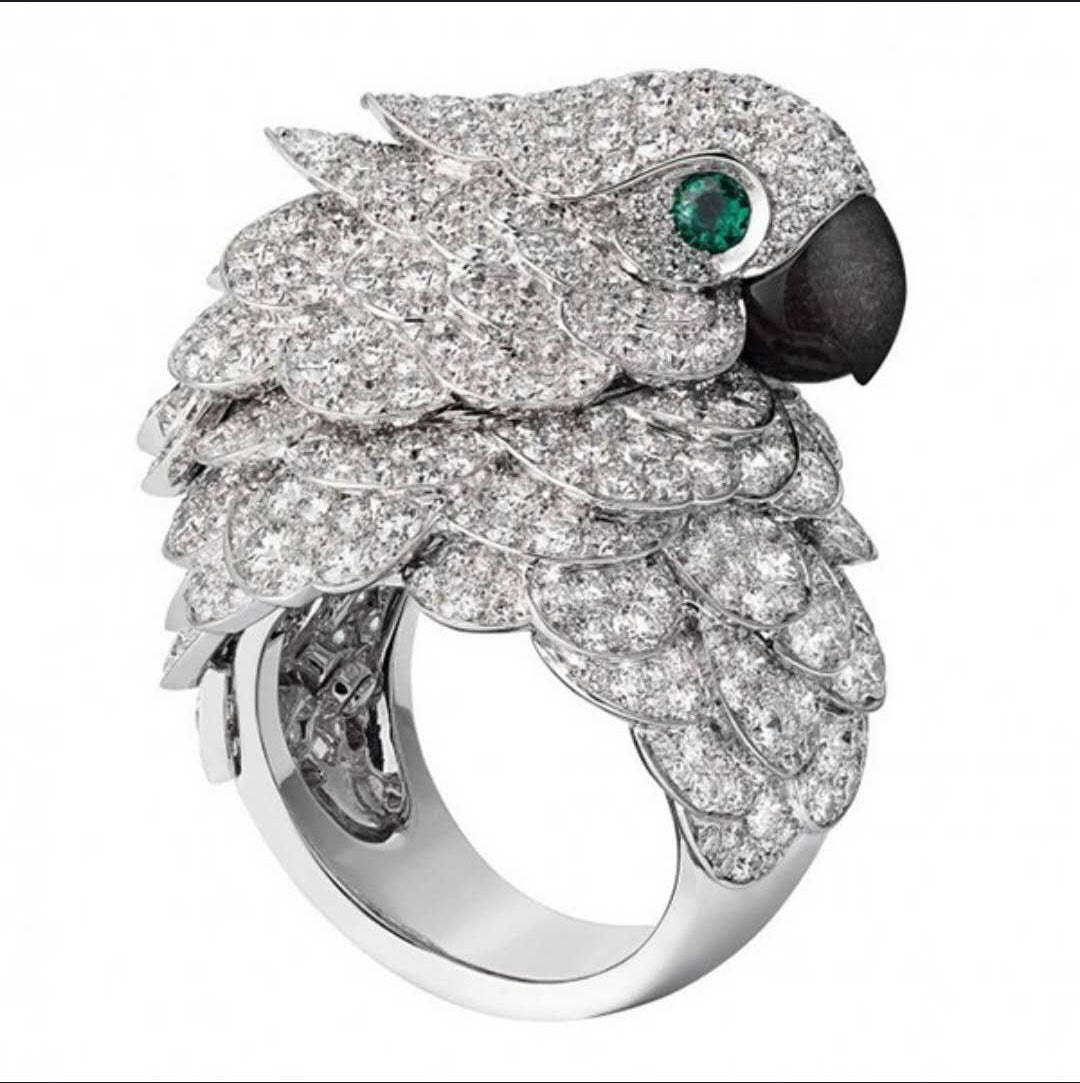 White & Green Owl Bird Dazzling Micro Moissanite Diamonds 18k White Go