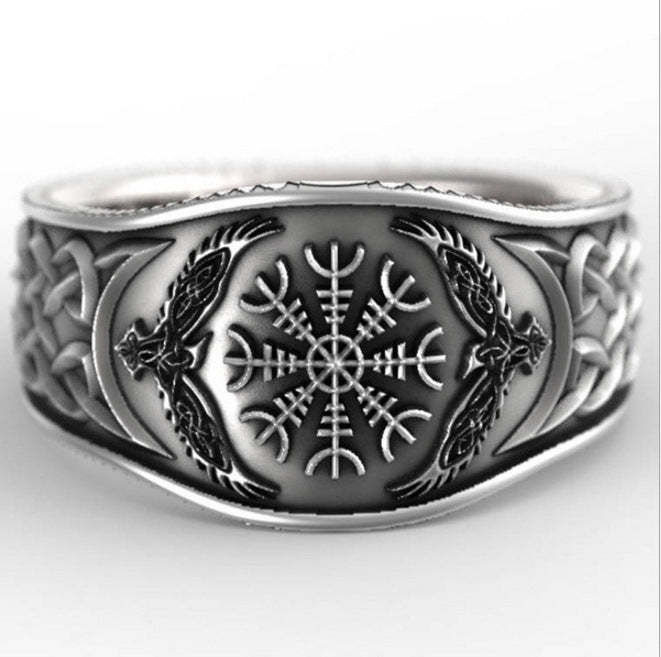Nordic Viking Carved Black 18k White Gold Plated Elegant Compass Ring 
