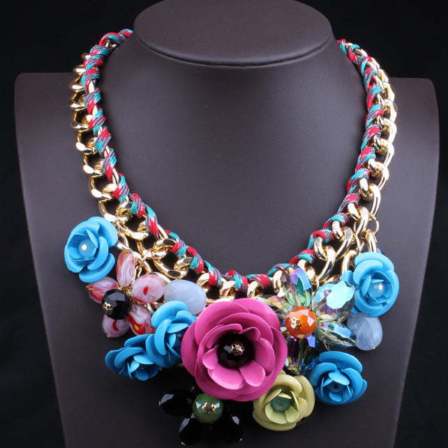 Pink Embellished Big Flowers Retro Pendants Diamonds Colorful Luxury 18k Gold Plated Necklace Jewelry | Mix Mix Style-Mix MIx Style