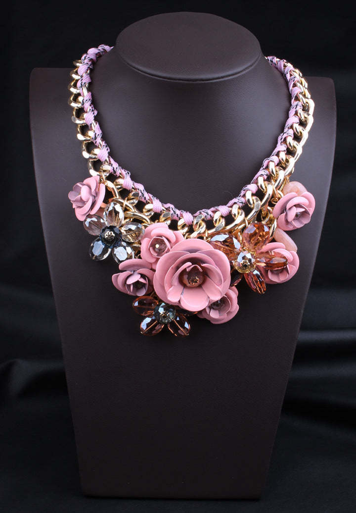 Pink Embellished Big Flowers Retro Pendants Diamonds Colorful Luxury 18k Gold Plated Necklace Jewelry | Mix Mix Style-Mix MIx Style