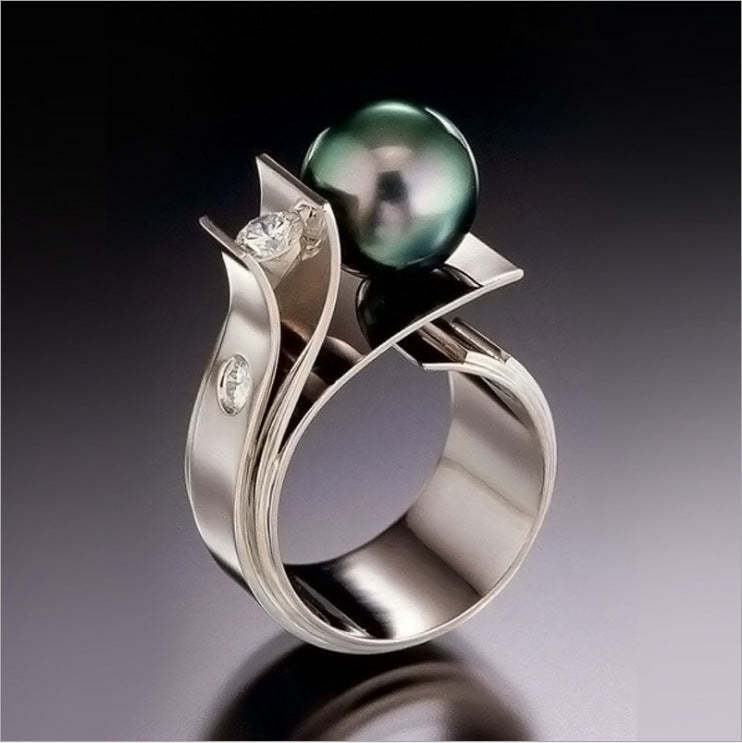 Green - White Timeless Akoya Pearl 18k White Gold Plated Elegant Engag