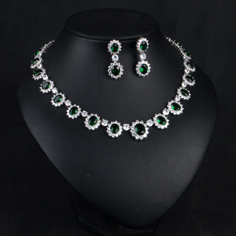 Vintage Retro Full Green Oval Cut Diamond Luxury 18k White Gold Plated Necklace & Drop Earrings Jewelry Set | Mix Mix Style-Mix MIx Style