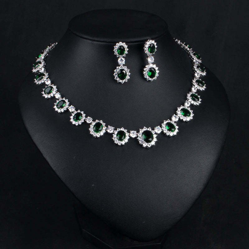 Vintage Retro Full Green Oval Cut Diamond Luxury 18k White Gold Plated Necklace & Drop Earrings Jewelry Set | Mix Mix Style-Mix MIx Style