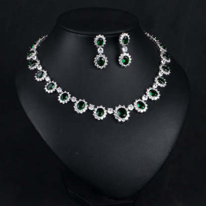 Vintage Retro Full Green Oval Cut Diamond Luxury 18k White Gold Plated Necklace & Drop Earrings Jewelry Set | Mix Mix Style-Mix MIx Style