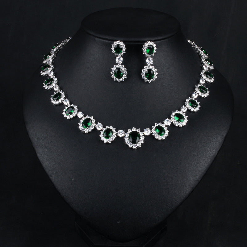Vintage Retro Full Green Oval Cut Diamond Luxury 18k White Gold Plated Necklace & Drop Earrings Jewelry Set | Mix Mix Style-Mix MIx Style