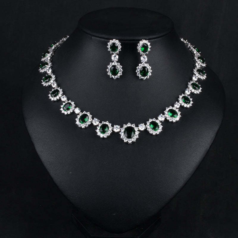 Vintage Retro Full Green Oval Cut Diamond Luxury 18k White Gold Plated Necklace & Drop Earrings Jewelry Set | Mix Mix Style-Mix MIx Style