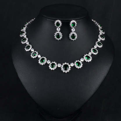 Vintage Retro Full Green Oval Cut Diamond Luxury 18k White Gold Plated Necklace & Drop Earrings Jewelry Set | Mix Mix Style-Mix MIx Style