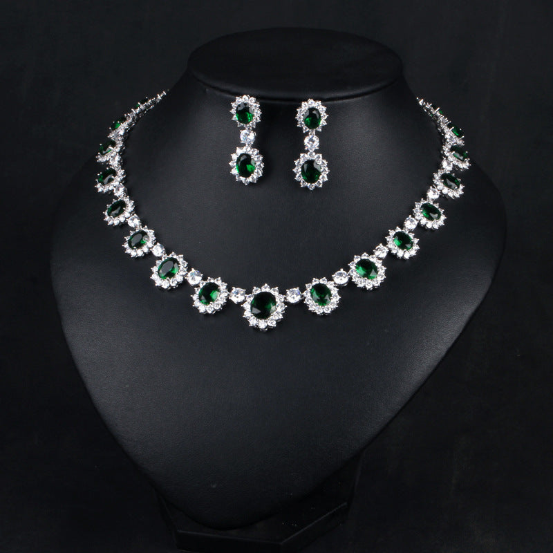 Vintage Retro Full Green Oval Cut Diamond Luxury 18k White Gold Plated Necklace & Drop Earrings Jewelry Set | Mix Mix Style-Mix MIx Style