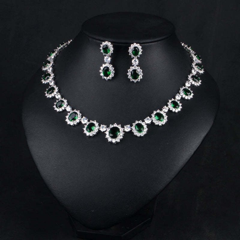 Vintage Retro Full Green Oval Cut Diamond Luxury 18k White Gold Plated Necklace & Drop Earrings Jewelry Set | Mix Mix Style-Mix MIx Style