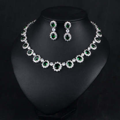 Vintage Retro Full Green Oval Cut Diamond Luxury 18k White Gold Plated Necklace & Drop Earrings Jewelry Set | Mix Mix Style-Mix MIx Style