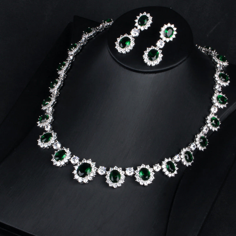 Vintage Retro Full Green Oval Cut Diamond Luxury 18k White Gold Plated Necklace & Drop Earrings Jewelry Set | Mix Mix Style-Mix MIx Style