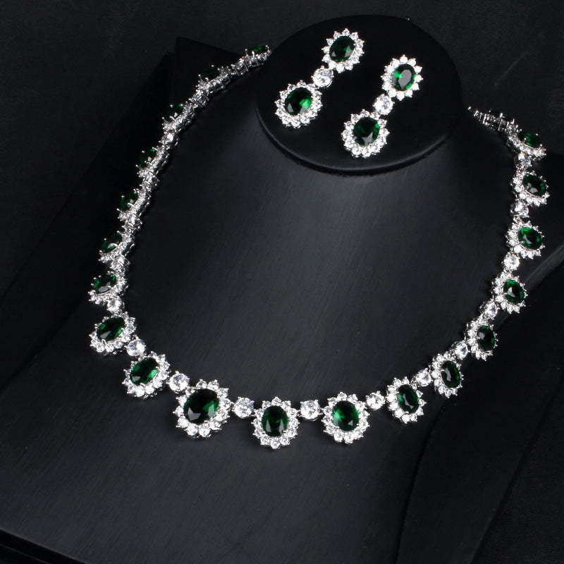 Vintage Retro Full Green Oval Cut Diamond Luxury 18k White Gold Plated Necklace & Drop Earrings Jewelry Set | Mix Mix Style-Mix MIx Style