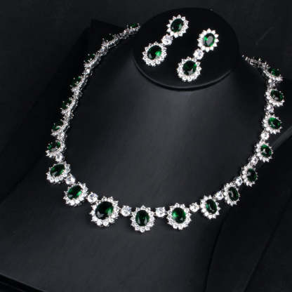 Vintage Retro Full Green Oval Cut Diamond Luxury 18k White Gold Plated Necklace & Drop Earrings Jewelry Set | Mix Mix Style-Mix MIx Style