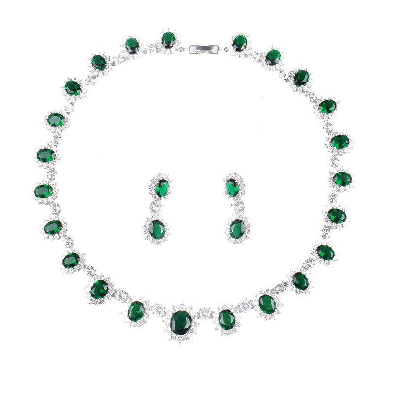 Vintage Retro Full Green Oval Cut Diamond Luxury 18k White Gold Plated Necklace & Drop Earrings Jewelry Set | Mix Mix Style-Mix MIx Style