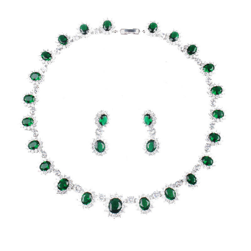 Vintage Retro Full Green Oval Cut Diamond Luxury 18k White Gold Plated Necklace & Drop Earrings Jewelry Set | Mix Mix Style-Mix MIx Style
