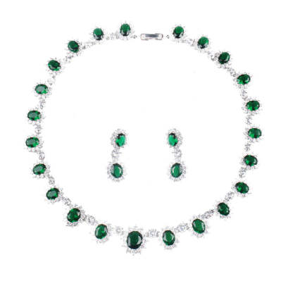 Vintage Retro Full Green Oval Cut Diamond Luxury 18k White Gold Plated Necklace & Drop Earrings Jewelry Set | Mix Mix Style-Mix MIx Style