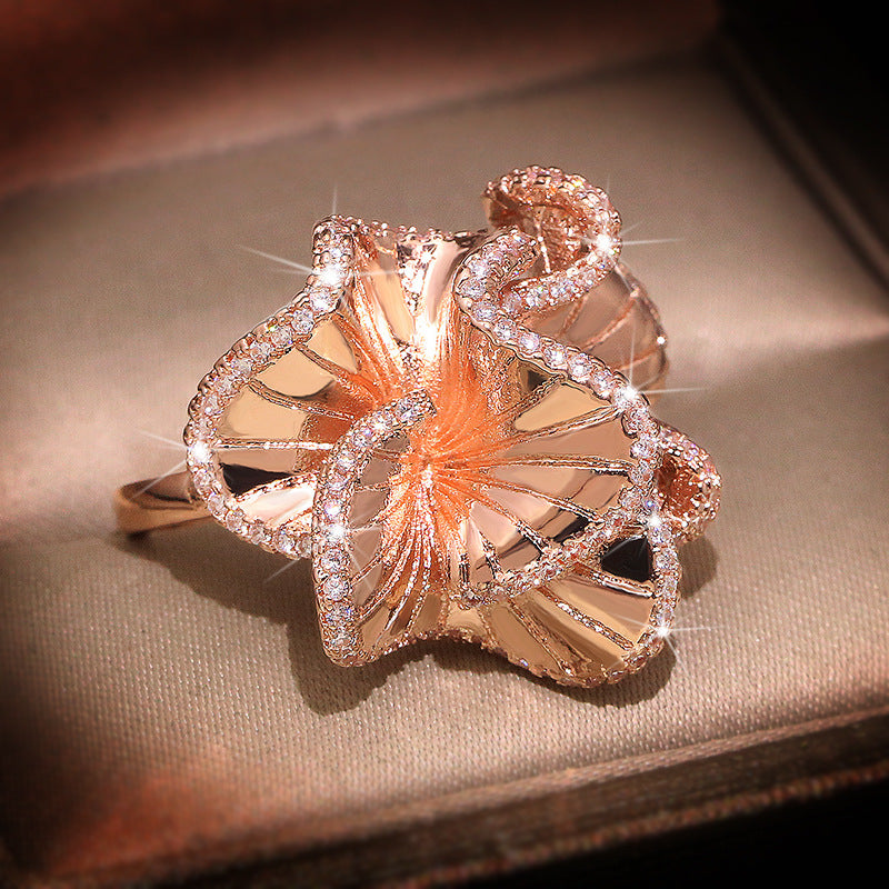 Pink Big Flower Vintage Style Retro White Diamonds Luxury 18k Rose Gold Plated Ring Jewelry | Mix Mix Style-Mix MIx Style