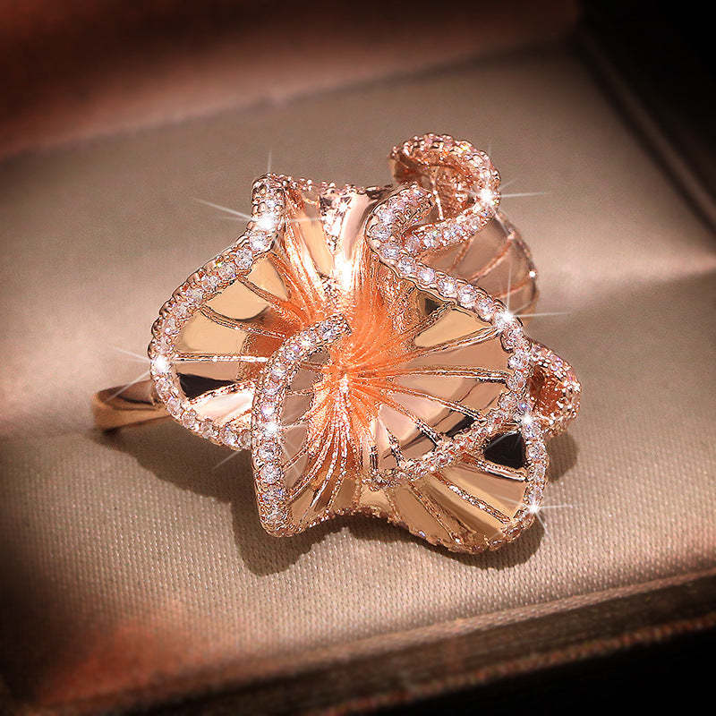 Pink Big Flower Vintage Style Retro White Diamonds Luxury 18k Rose Gold Plated Ring Jewelry | Mix Mix Style-Mix MIx Style