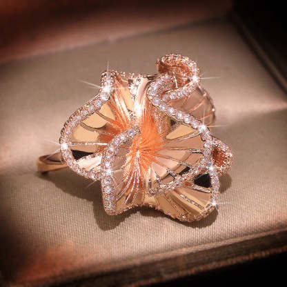 Pink Big Flower Vintage Style Retro White Diamonds Luxury 18k Rose Gold Plated Ring Jewelry | Mix Mix Style-Mix MIx Style