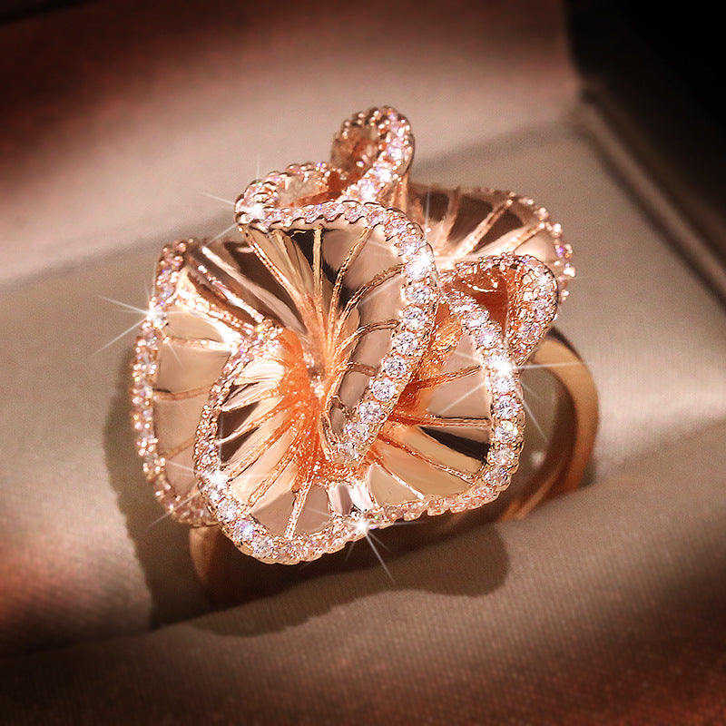 Pink Big Flower Vintage Style Retro White Diamonds Luxury 18k Rose Gold Plated Ring Jewelry | Mix Mix Style-Mix MIx Style