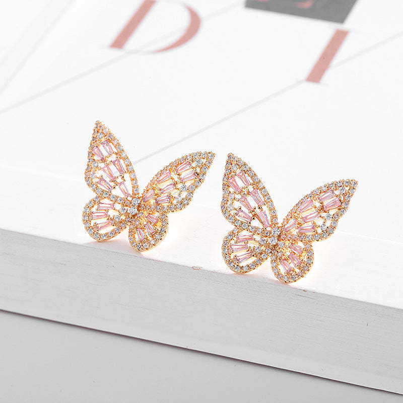 Korean new fashion color zircon light luxury temperament elegant earrings 925 silver needle earrings hollow butterfly earrings-Mix MIx Style