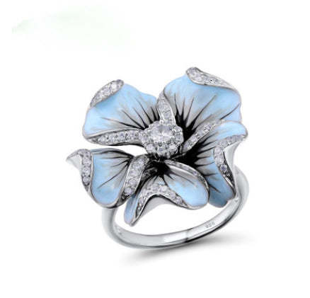 Blue & White 3D Flower Trendy Moissanite Diamond 18k White Gold Plated