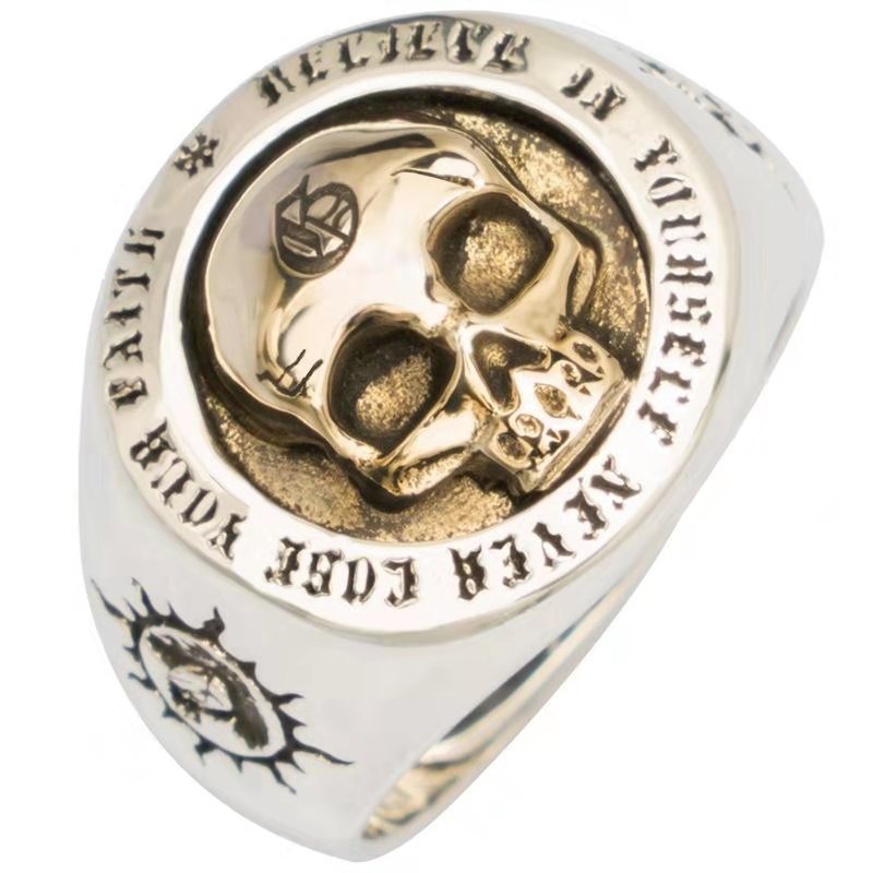 Carved Two-color Skull Engraved 18k White & Vermeil Gold Plated Retro 