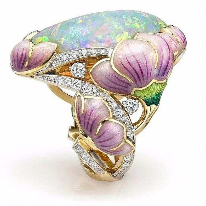 Purple Flowers Multicolor Gemstone Embellished 18k White Gold Plated R
