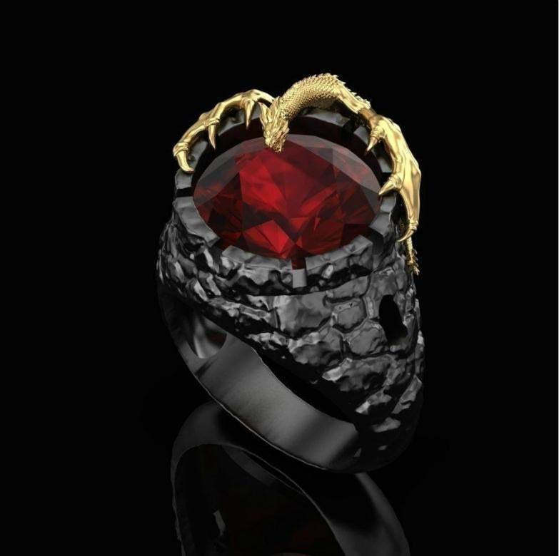 Black & Red Round Cut Moissanite Diamond 18k Vermeil Gold Plated Drago