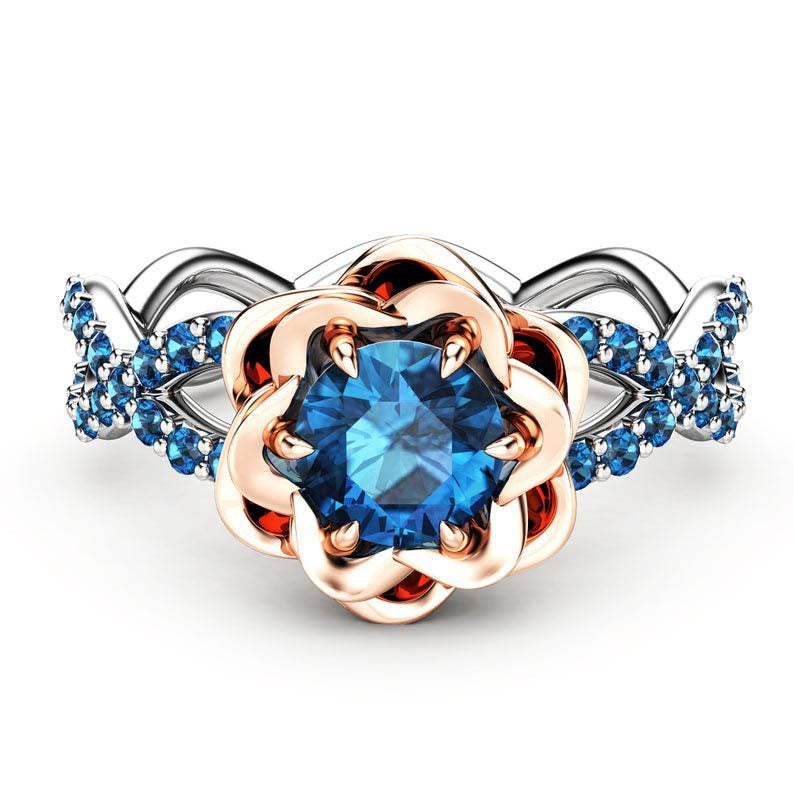 Flower Wavy Blue Round Cut Moissanite Diamond 18k White & Rose Gold Pl