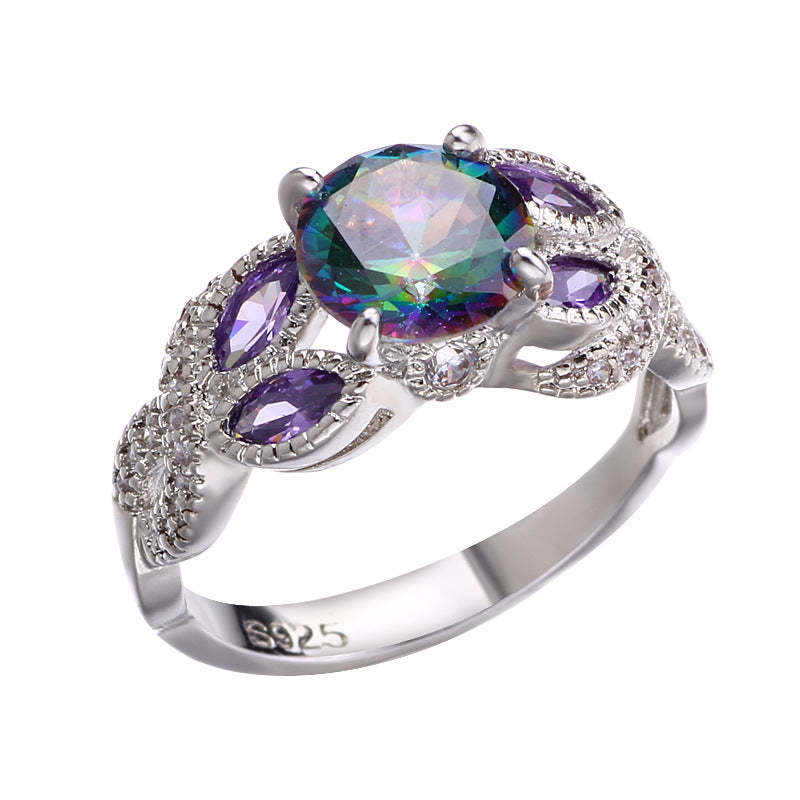 Green & Purple Embellished Round Cut Moissanite Diamond 18k White Gold