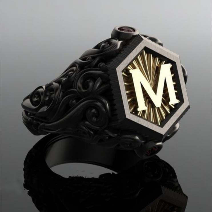 Carved Black Letter "M" 18K Vermeil Gold Plated Luxurious Chunky Ring 