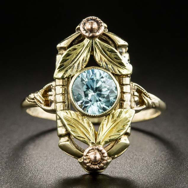 Vintage Leafs Sea Blue Round Cut Moissanite Diamond 18k Vermeil Gold P