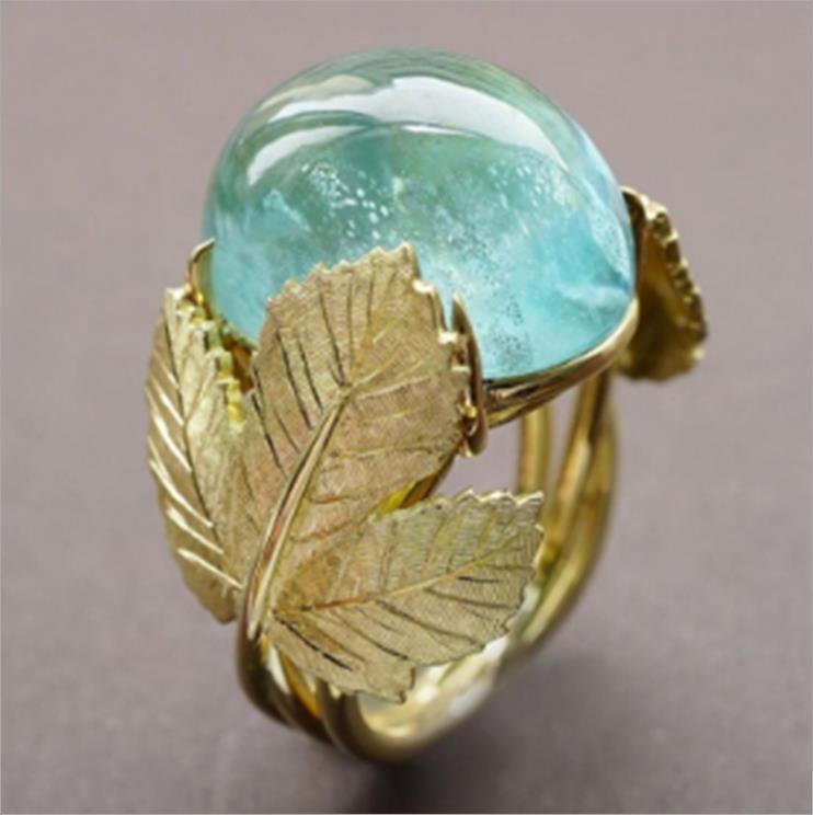 Sea Blue Leafs Vintage Oval Gemstone 18k Vermeil Gold Plated Elegant R
