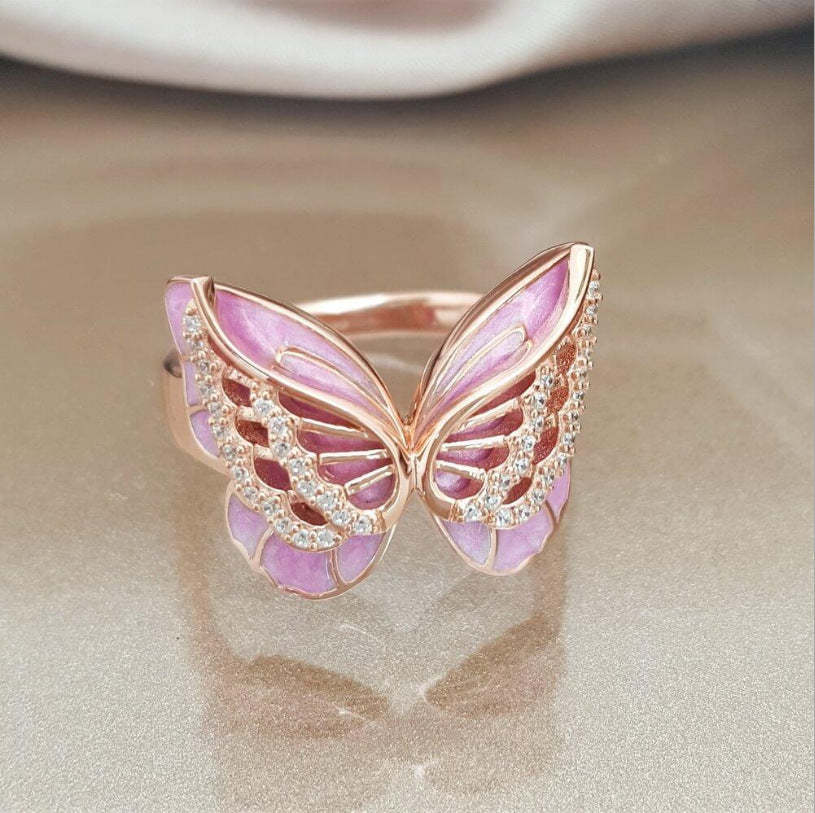 Purple - Pink Butterfly Shaped Trendy Micro Moissanite Diamonds 18k Wh